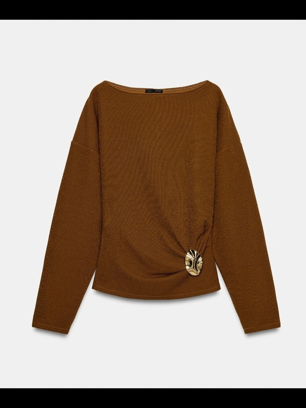 Zara Rust Brown Long Sleeve Knit Top with Gold Accent